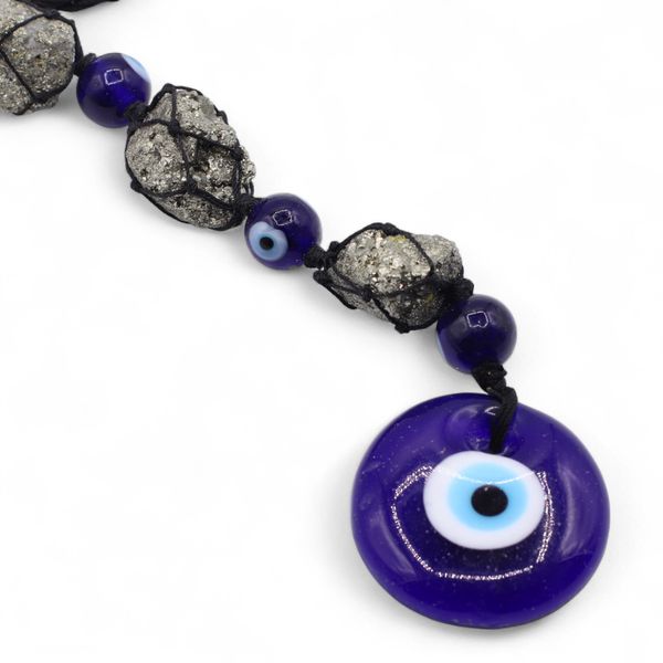 Hanging Stone Pendant - Pyrite Stones & Beads - Evil Eye