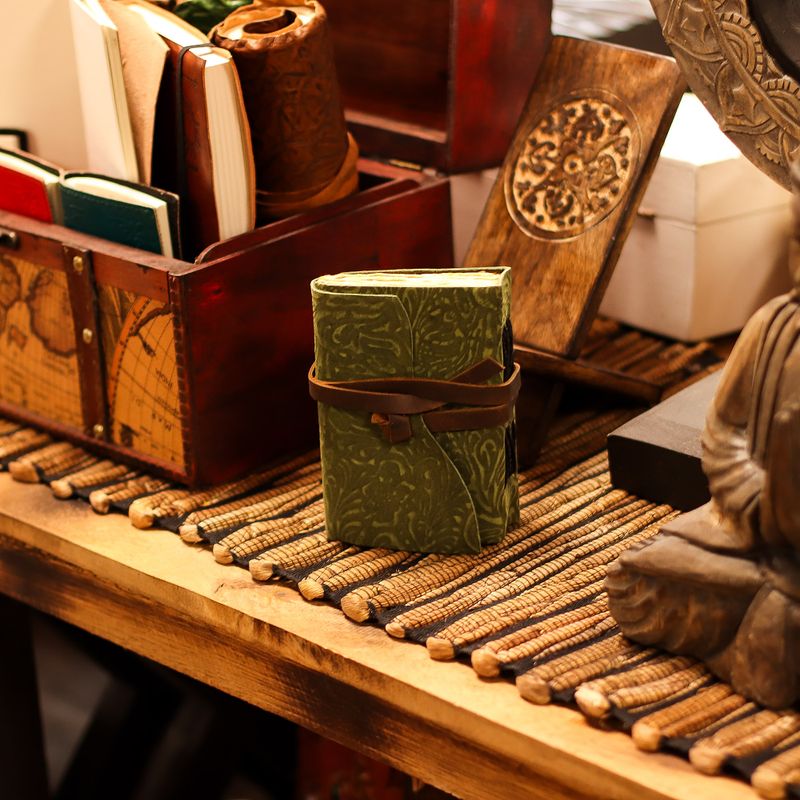 Fat Deckled Edge Leather Notebooks (5x3.5") - Green Maze Pattern