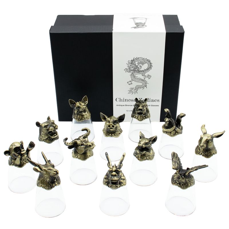 Bottom Up Shot Glasses (25ml) - Chinese Zodiac Creatures - Antique Bronze