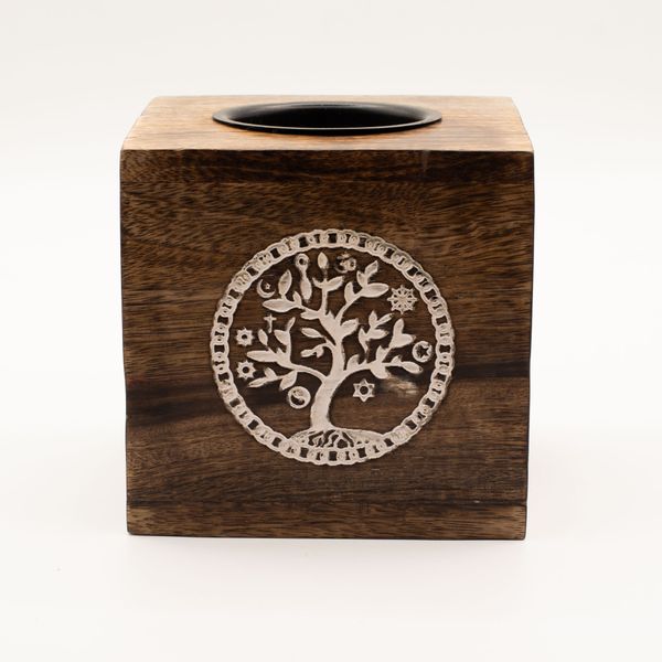 Large Square Mango Wood Oil Burner  - Tree of Life
