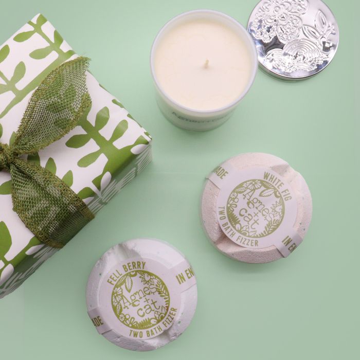 White Fig (fizz) + Fellberry (fizz) + Rhubarb (Candle)
