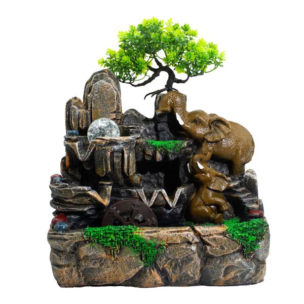 Tabletop Water Feature -30x20x35cm - Elephants in Love, Crystal Ball, Light & Watermill