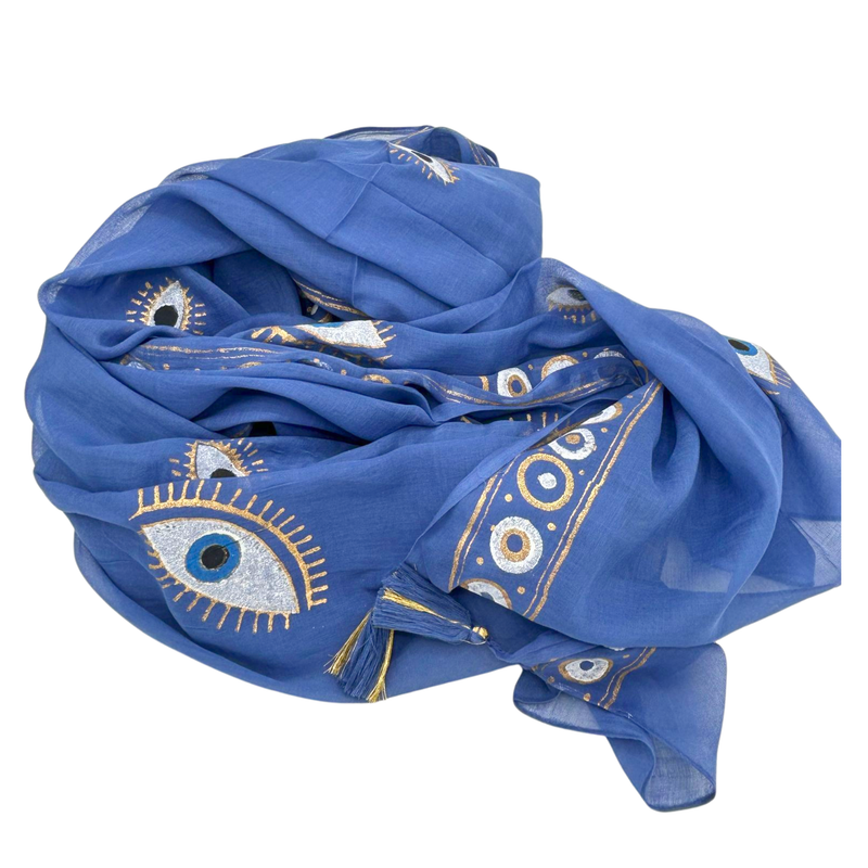Nomad Sari - Pareo - Rich Blue & Gold Hand Painted Evil Eye Design