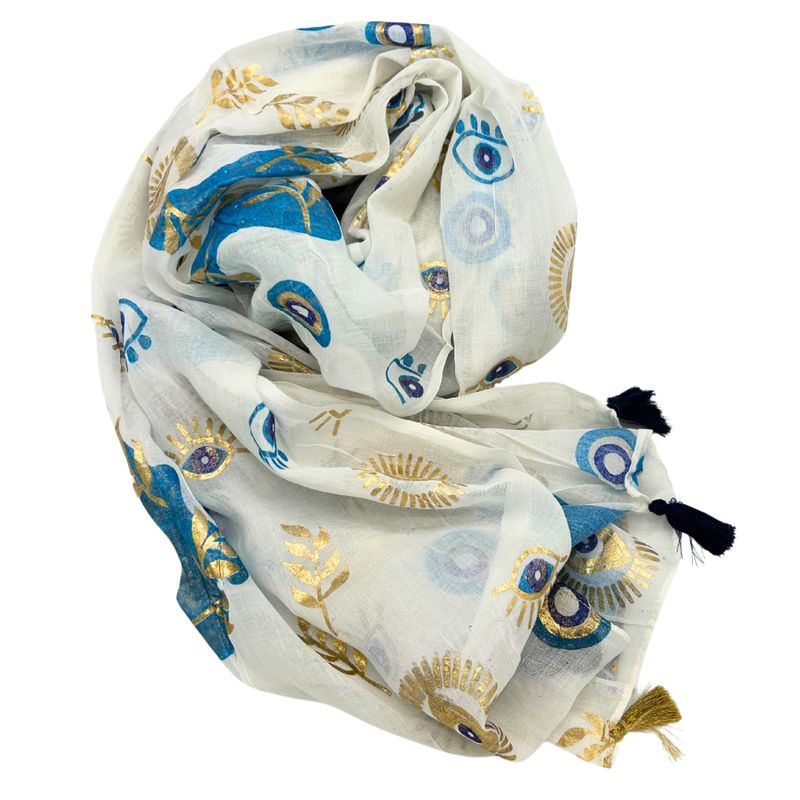 Nomad Sari - Pareo - White , Blue & Gold Evil Eye Design