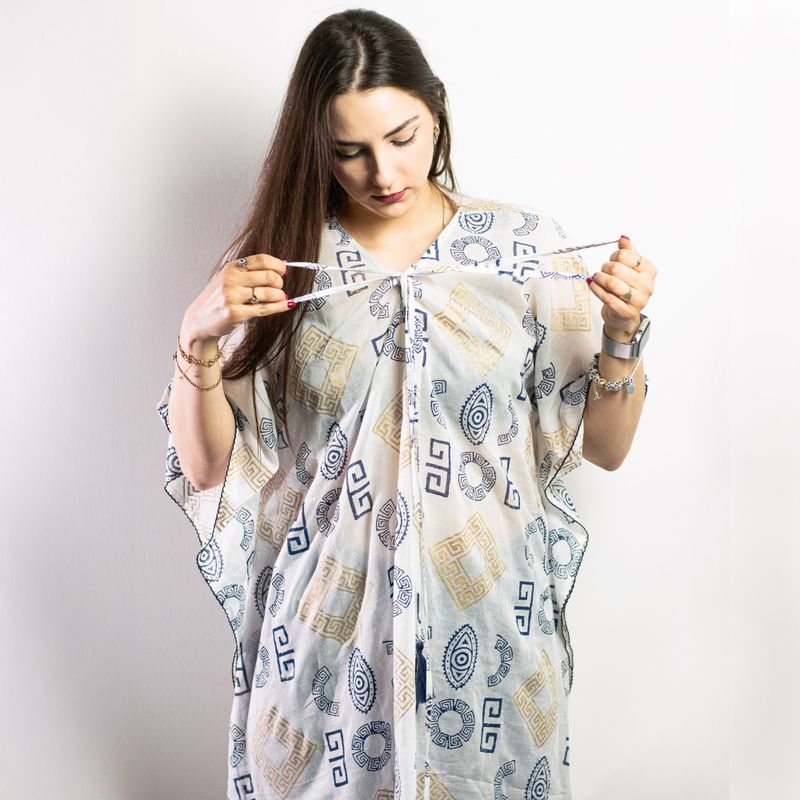 Nomad Sari - Kaftan - Gold & Blue Greek Motiff - Handpainted