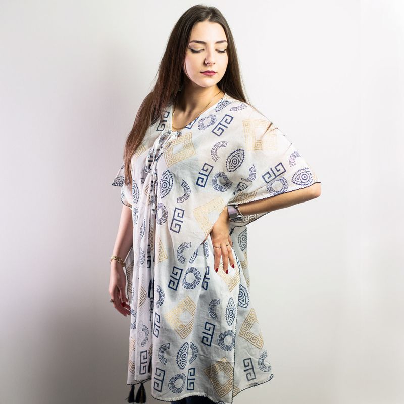 Nomad Sari - Kaftan - Gold & Blue Greek Motiff - Handpainted