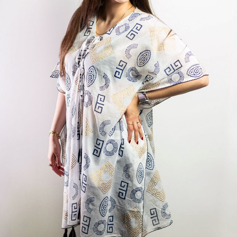Nomad Sari - Kaftan - Gold & Blue Greek Motiff - Handpainted