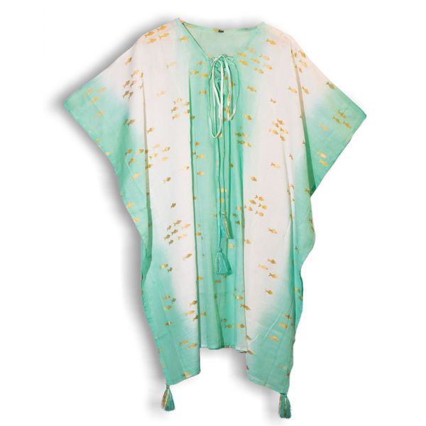 Nomad Sari - Kaftan - White & Turquoise & Gold Fish Design