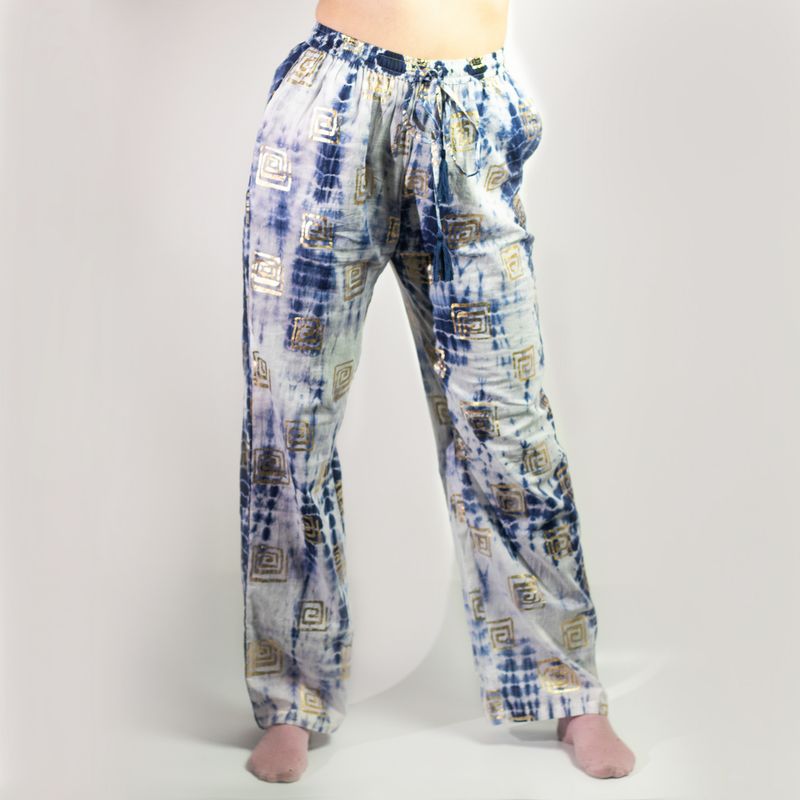 (ML) Nomad Sari - Lounge Pants - Gold & Blue Greek Motiff - Handpainted