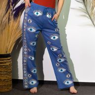 (ML) Nomad Sari - Lounge Pants - Rich Blue & Gold Hand Painted Evil Eye Design