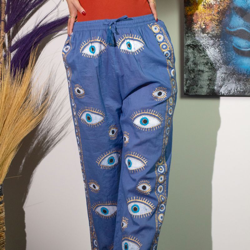 (ML) Nomad Sari - Lounge Pants - Rich Blue & Gold Hand Painted Evil Eye Design