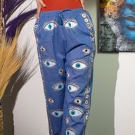 (ML) Nomad Sari - Lounge Pants - Rich Blue & Gold Hand Painted Evil Eye Design