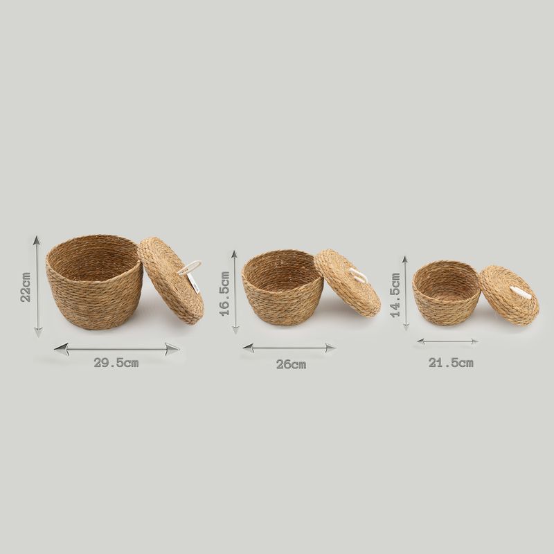 Seagrass & Cotton Round Baskets with Lids - Natural - Set of 3