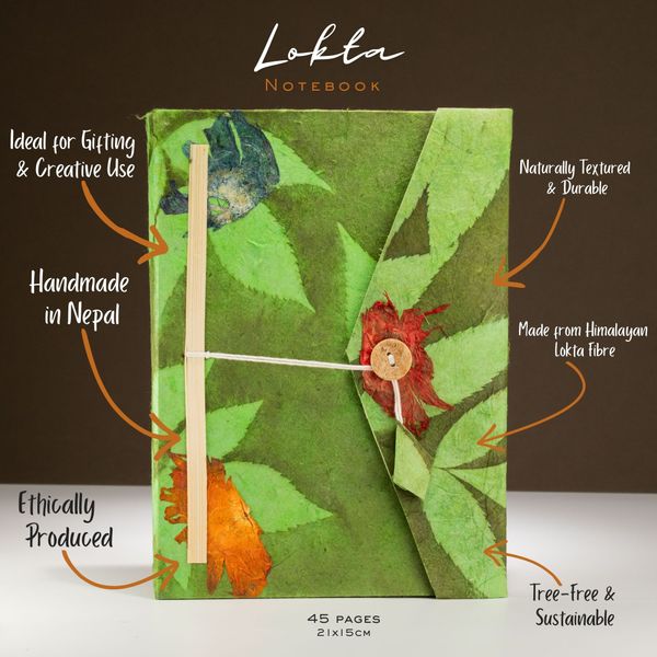 Lrg Lokta Bold Floral - Notebook (21x15cm) - 45 Pages - inc bookmark - Moss Green