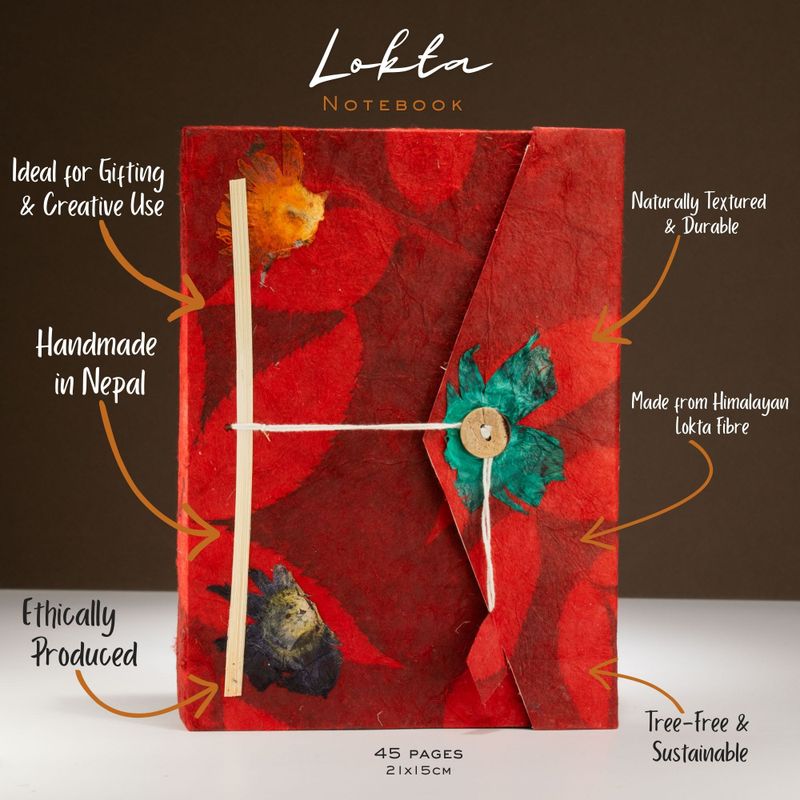 Lrg Lokta Bold Floral - Notebook (21x15cm) - 45 Pages - inc bookmark - Ruby