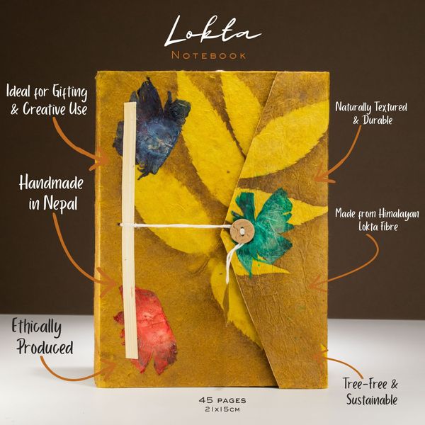 Lrg Lokta Bold Floral - Notebook (21x15cm) - 45 Pages - inc bookmark -Mustard Brown