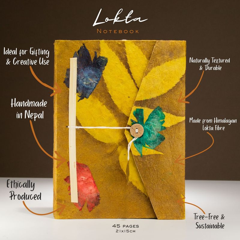 Lrg Lokta Bold Floral - Notebook (21x15cm) - 45 Pages - inc bookmark -Mustard Brown