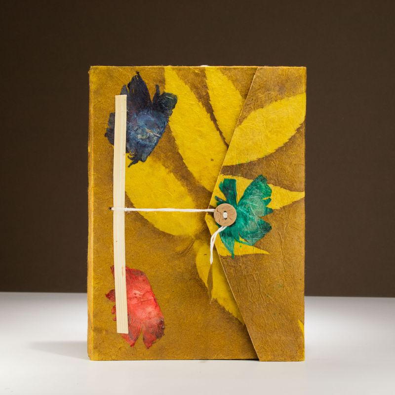 Lrg Lokta Bold Floral - Notebook (21x15cm) - 45 Pages - inc bookmark -Mustard Brown