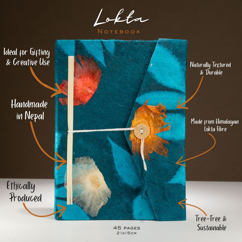 Lrg Lokta Bold Floral -  Notebook (21x15cm) - 45 Pages - inc bookmark - Midnight Blue