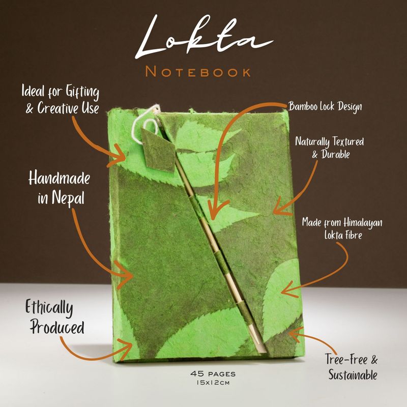 Med Lokta Bold Floral Bamboo Lock Notebook (15x12cm) - 45 Pages - Moss Green