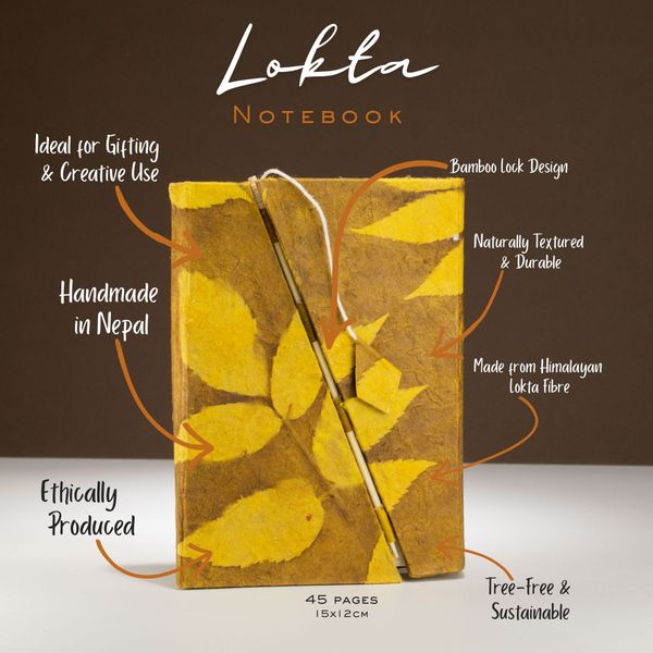 Med Lokta Bold Floral Bamboo Lock Notebook (15x12cm) - 45 Pages - Mustard Brown