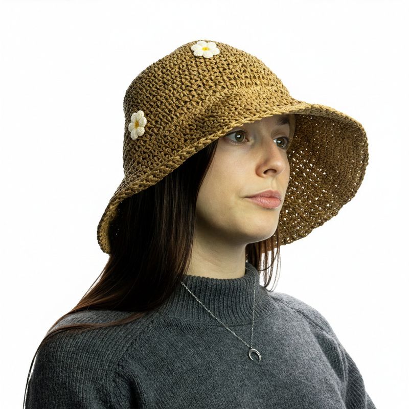 Floppy Straw Sun Hat - Coffee & Daiseys