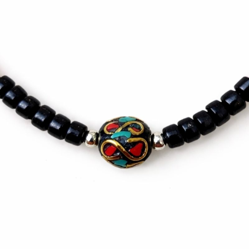 Nepalese Om Pendant Necklace Onyx & Coralite- (50cm) & Bracelet -(17cm) Set