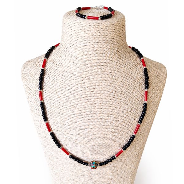 Nepalese Om Pendant Necklace Onyx & Coralite- (50cm) & Bracelet -(17cm) Set
