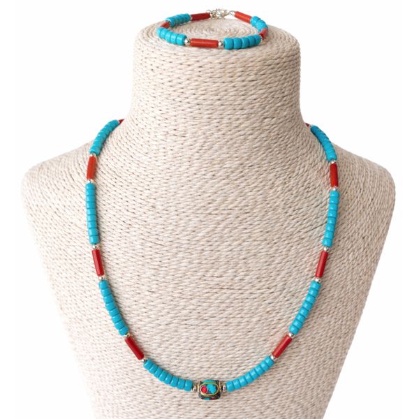 Nepalese Necklace Tribal Bead Turquoise & Coralite- (50cm) & Bracelet -(17cm) Set