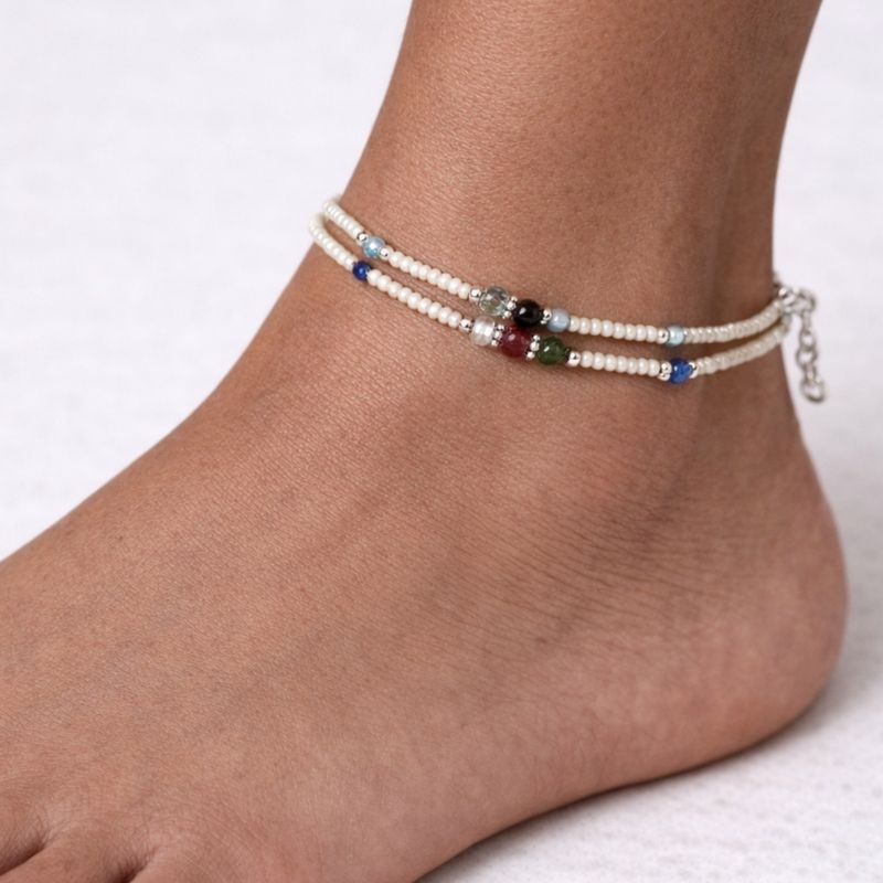 Fine Nepalese Double Line Howlite and Faceted Bead Detail Anklet  - (22cm)