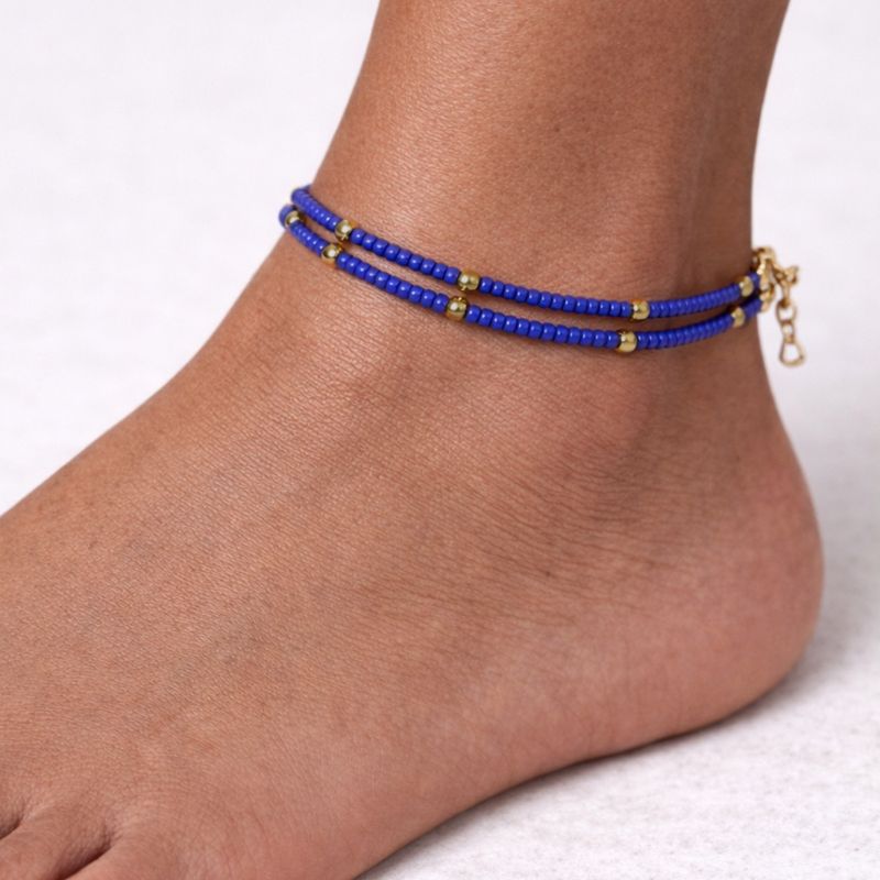 Fine Nepalese Double Line Lapis and Brass Bead Detail Anklet  - (22cm)