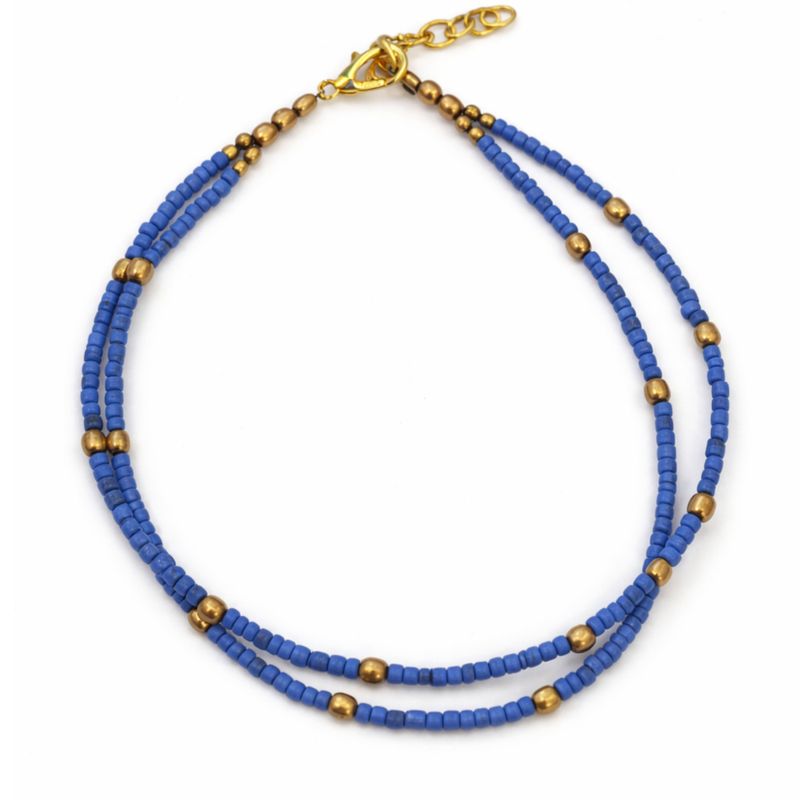 Fine Nepalese Double Line Lapis and Brass Bead Detail Anklet  - (22cm)