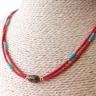 Nepalese Extra Fine Two Line Necklace - Pink & Turquoise Pendant