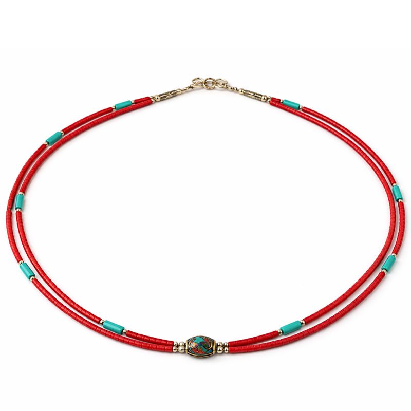 Nepalese Extra Fine Two Line Necklace - Pink & Turquoise Pendant
