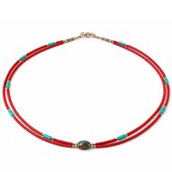 Nepalese Extra Fine Two Line Necklace - Pink & Turquoise Pendant