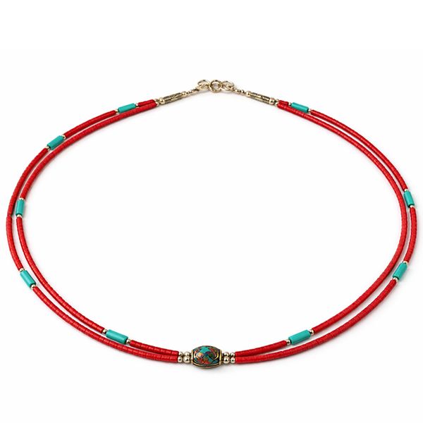 Nepalese Extra Fine Two Line Necklace - Pink & Turquoise Pendant