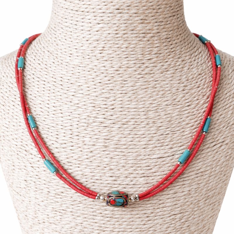 Nepalese Extra Fine Two Line Necklace - Pink & Turquoise Pendant