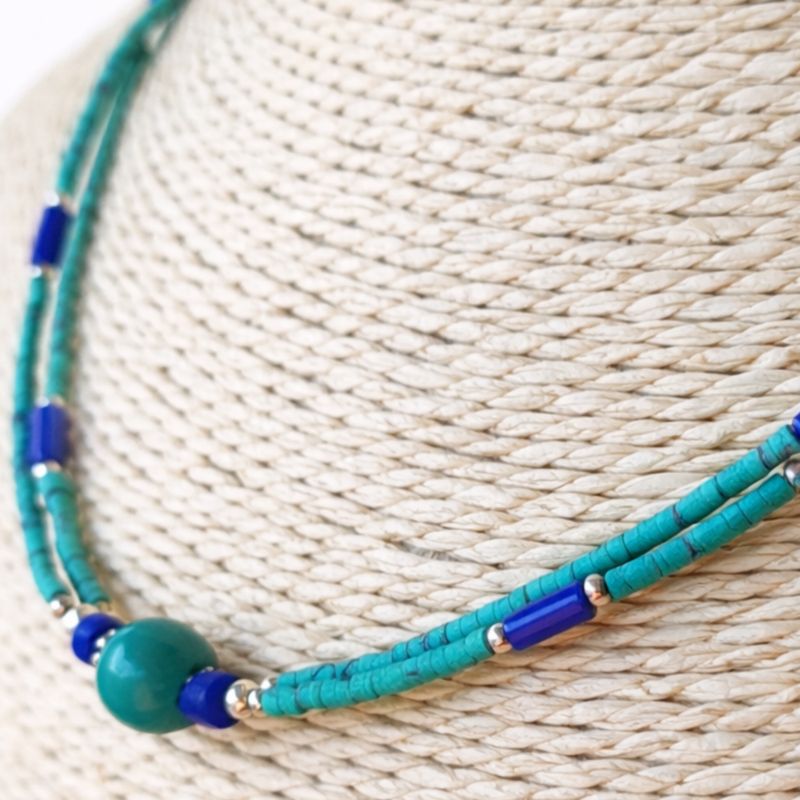 Nepalese Extra Fine Two Line Necklace - Lapis Pendant