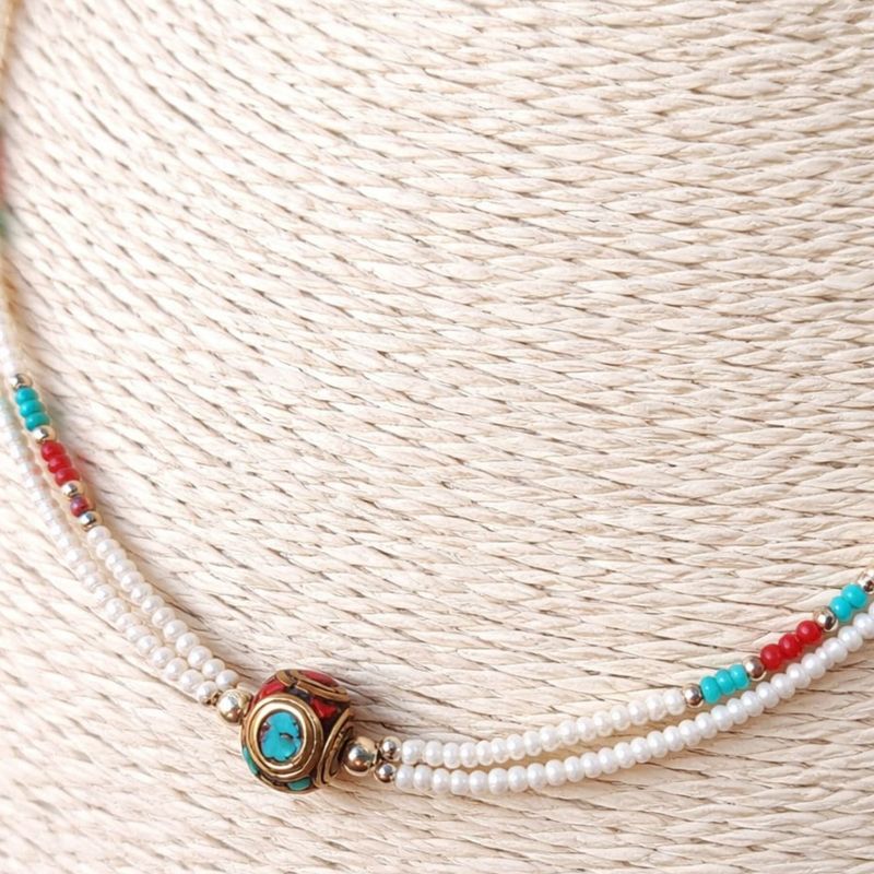 Nepalese Extra Fine Two Line Necklace - Pearl & Turquoise Pendant