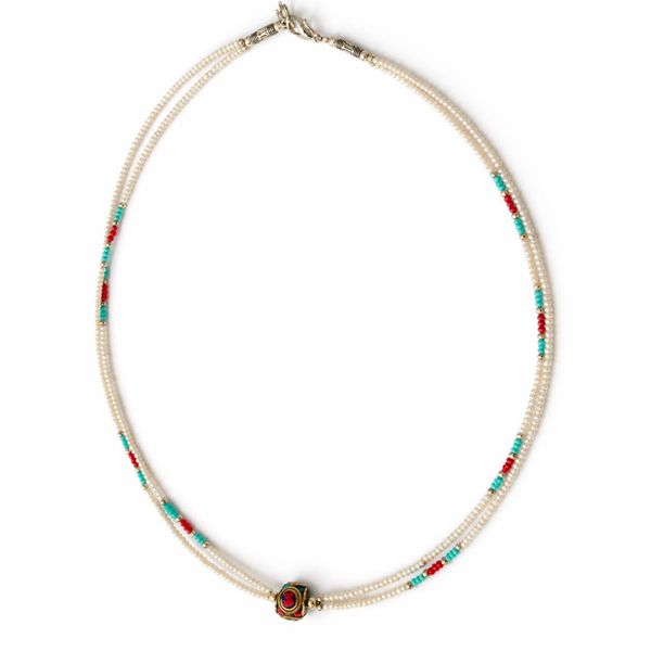 Nepalese Extra Fine Two Line Necklace - Pearl & Turquoise Pendant