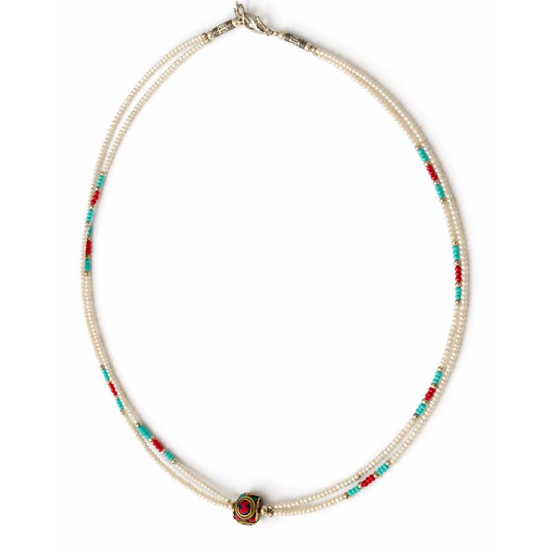 Nepalese Extra Fine Two Line Necklace - Pearl & Turquoise Pendant