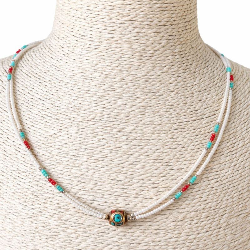 Nepalese Extra Fine Two Line Necklace - Pearl & Turquoise Pendant