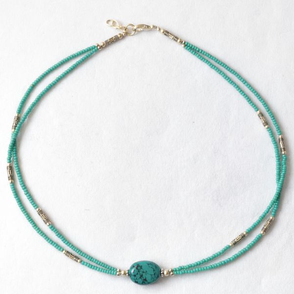 Nepalese Extra Fine Two Line Necklace - Turquoise Pendant