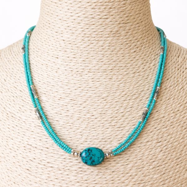 Nepalese Extra Fine Two Line Necklace - Turquoise Pendant
