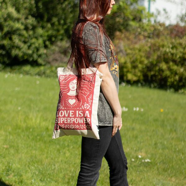 Iconic Toni Tote Bag - Love is a Super Power (41x31cm) - Natural 10oz - Inside pocket and zip closure