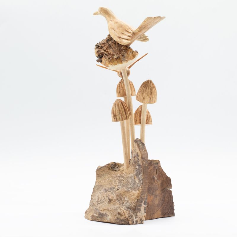 Handmade Parasite Wood Art Carving - Bird & Bee on Mushrooms