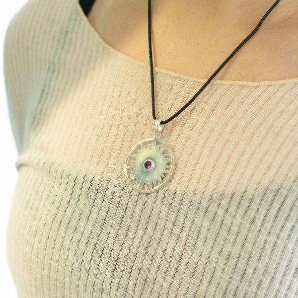 Indian Devotional Pendants - Silver Plated (45cm Cord)- Sun Worship Amethyst