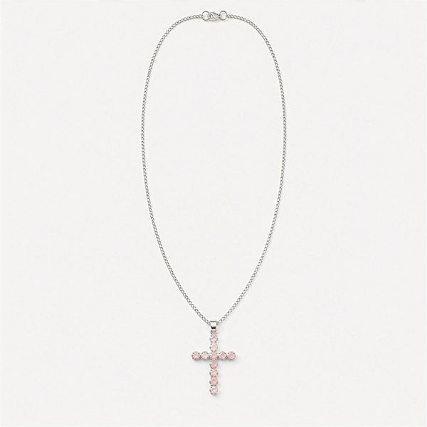 Indian Devotional Pendants - Silver Plated (45cm Chain)- Rose Quartz Crucifix