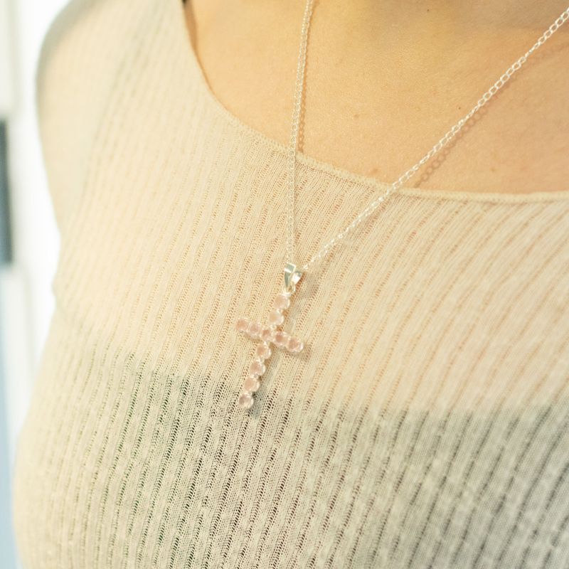Indian Devotional Pendants - Silver Plated (45cm Chain)- Rose Quartz Crucifix