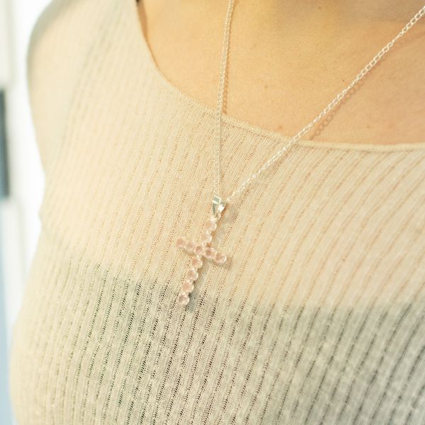 Indian Devotional Pendants - Silver Plated (45cm Chain)- Rose Quartz Crucifix